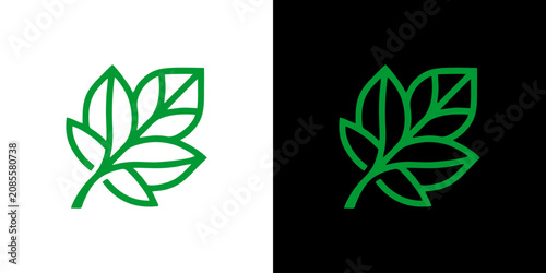 Fényképezés Green leaves icons on white and black backgrounds are shown side by side