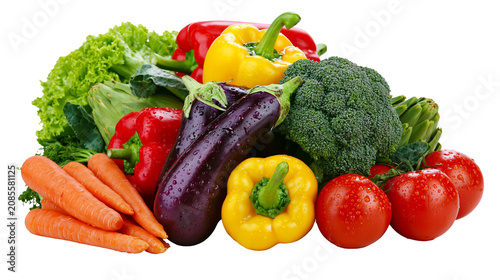 Fresh vegetables assortment with water droplets carrots eggplants bell peppers broccoli tomatoes lettuce, artichokes