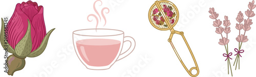 Bilde på lerret Herbal rose tea vector illustration set with fresh rosebud hot pink tea cup gold