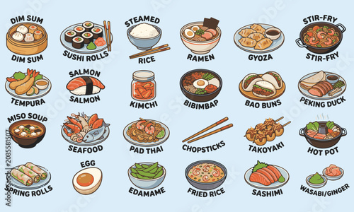 Assorted asian cuisine illustrations featuring dim sum sushi ramen and other traditional dishes in a colorful style