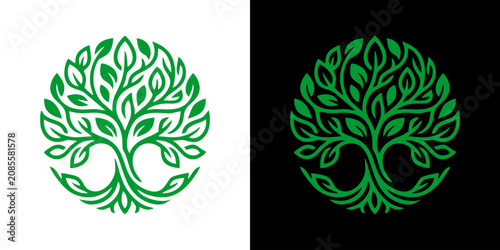 Obraz na płótnie A stunning green tree illustration shines brightly on white and dark backgrounds