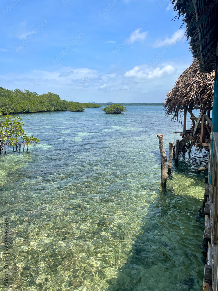 Fototapeta premium A tropical thatched hut on wooden stilts above clear turquoise water in Bocas del Toro, Panama. Bright midday sky