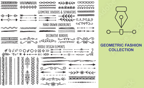Collection of hand drawn geometric dividers decorative borders and doodle design elements in black vector illustration