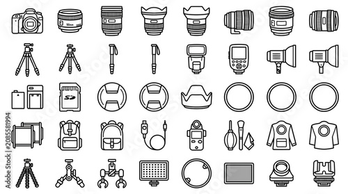 Foto Photography Equipment Icons Set: Camera, Lenses, Tripod, Flash, Accessories