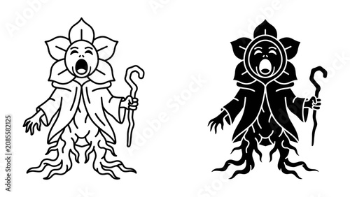 Tableau sur toile Minstrel of Nature: A stylized depiction of a mythical nature spirit, embodying the essence of flora, stands with a staff, its face a blooming flower with an open mouth