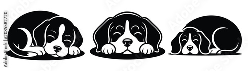 Fényképezés Sleeping Beagle Puppy Vector Illustration Set, Black and White Beagle Dog Vector
