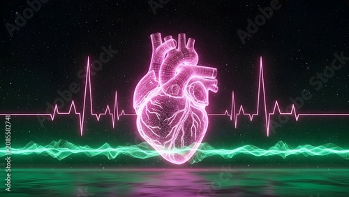 Glowing neon human heart digital representation with ekg pulse line, cardiology