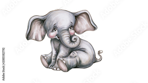 Cute baby elephant sitting with large ears and curly trunk