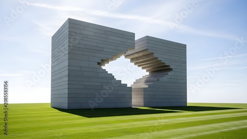 Minimalist concrete architectural structure with open geometric portal in field