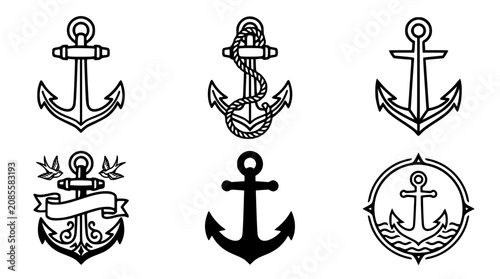 Quadro su tela Nautical anchor vector line icon set featuring traditional marine tattoos ropes
