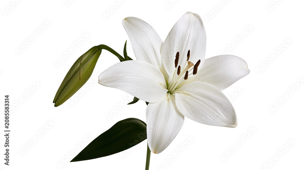 Fototapeta premium White lily flower with green bud and leaves