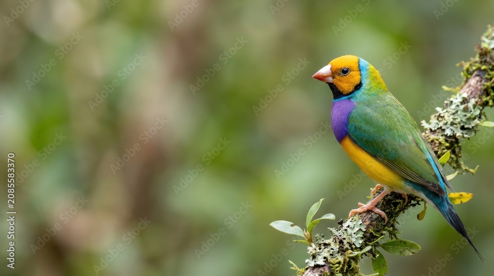 Fototapeta premium Colorful Gouldian finch perched on mossy branch with blurred green forest background macro photography for PC wallpaper