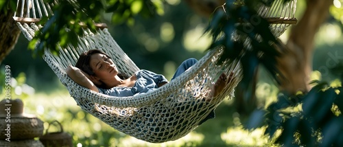 Man relaxes in hammock under leafy trees. 64k 8k widescreen, HDR