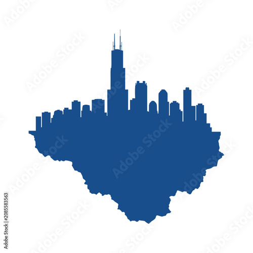 Chicago city skyline silhouette merged with illinois state map