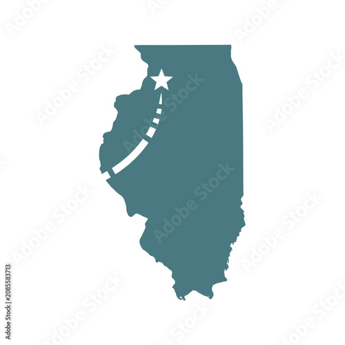 Illinois state map silhouette with travel path and destination star
