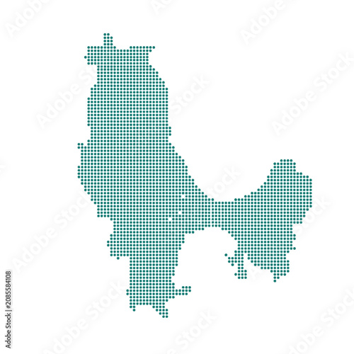 Dotted silhouette map of sakhalin island with teal circles