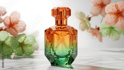 Luxury perfume glass bottle with gradient orange and green colors and flower accents