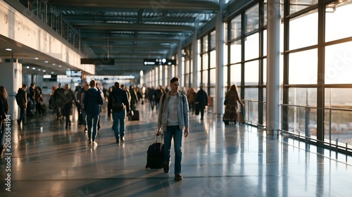 A man walks through a spacious airport terminal carrying luggage while other travelers move around him under bright natural light