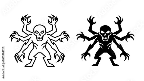 Konstfotografi Monstrous Figure: Two illustrations of a terrifying creature with multiple arms, a skull-like face, and sharp claws, conveying a sense of horror and fear
