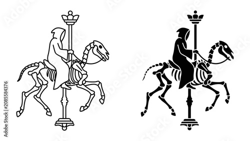 Fotografía Grim Reaper Skeleton Carousel Horse: A chilling depiction of the Grim Reaper, cloaked and hooded, riding a skeletal horse on a carousel
