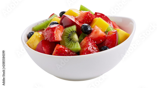 Fotografie Fresh fruit salad in white bowl with strawberries blueberries kiwi mango, and pl