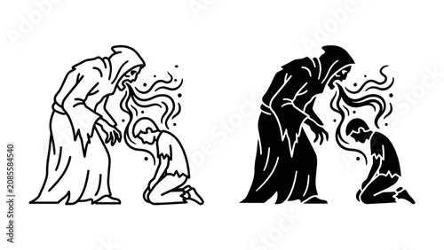 Obraz na plátně Darkness and Despair: An eerie hooded figure looms over a kneeling child, representing a struggle against inner demons or external oppression