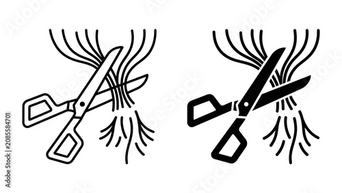 Foto Cutting the Cord: Two simplified icons depict a pair of scissors in the process of cutting through a bundle of thin, wavy lines, symbolizing disconnection or termination