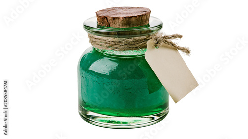 Cuadro en lienzo Glass potion bottle with cork and twine, filled with green liquid and a blank ta