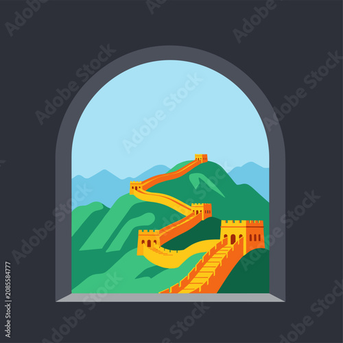 Great wall of china winding through green mountains through an arch