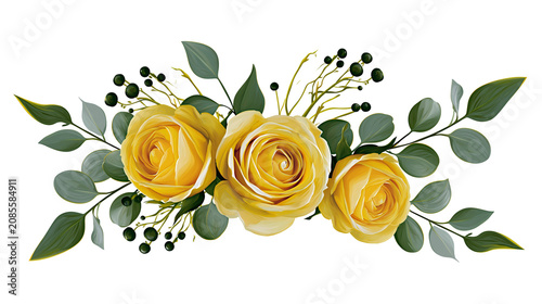 Yellow roses with green leaves and dark berries floral arrangement