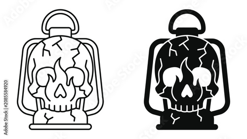 Obraz na plátně Skull Lantern Graphic: A striking graphic illustration of a lantern designed with a skull motif, featuring fiery eyes and cracked details, presented in both line art and solid silhouette versions