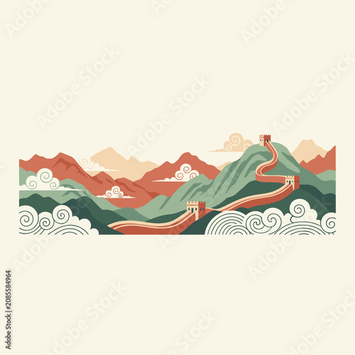 Great wall of china winding through scenic mountains and swirl clouds