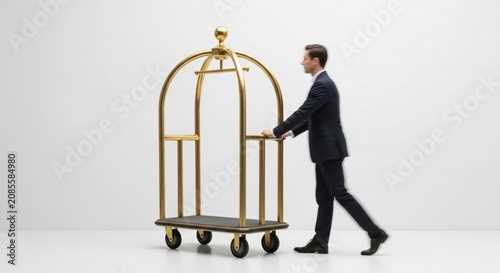 Dressed Bellhop Pushing Golden Luggage Cart in Motion Isolated on White Background