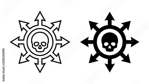 Quadro su tela Symbol of Chaos and Danger: Two graphic representations of a skull surrounded by outward-pointing arrows, symbolizing chaos, danger, and unpredictability