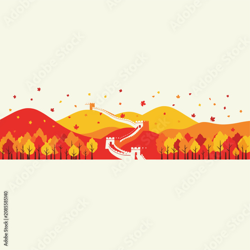 Great wall of china winding through colorful autumn mountains