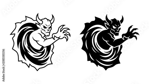 Quadro su tela Demon Emerging from Portal: A stylized illustration of a demonic creature with horns and claws emerging from a swirling portal, presented in both black and white and solid black variants