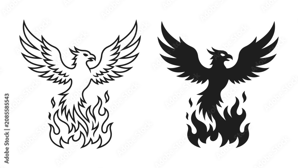 Fototapeta premium Phoenix Rebirth: Iconic mythical bird rising from flames, depicted in both silhouette and outline, symbolizing transformation, resilience, and new beginnings.