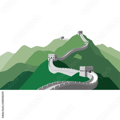 Great wall of china winding through lush green mountain ridges