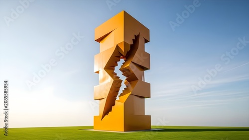 Large orange abstract metal sculpture with a central jagged lightning bolt crack design
