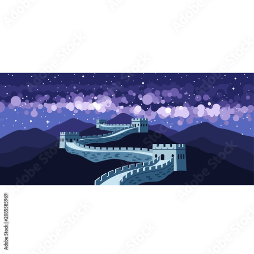 Great wall of china winding through mountains under a starry sky