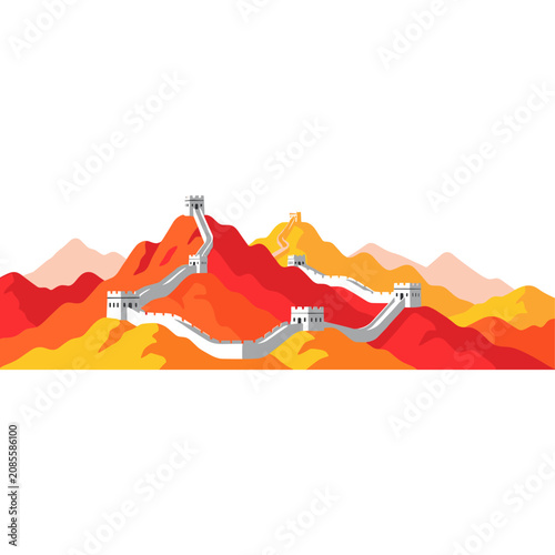 Great wall of china landmark stretching across colorful mountains