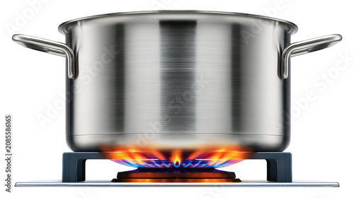 Принти на полотні Stainless steel pot cooking on gas stove with blue and orange flames