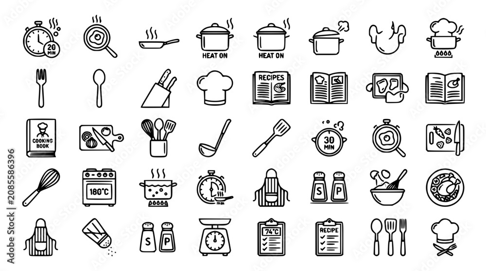 Fototapeta premium Kitchen cooking vector outline icons set culinary symbols for restaurant menu recipe book food preparation utensils line art elements