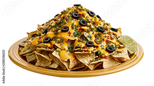 Loaded Nachos with Melted Cheese Olives Jalapenos, and Lime