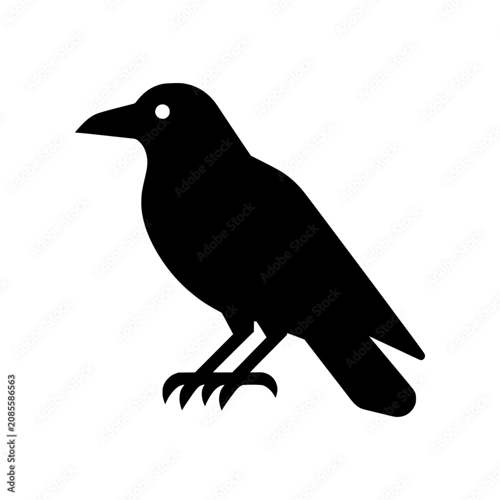 Fototapeta premium Raven icon featuring a distinctive bird profile symbolizing intelligence, mystery, wisdom, and wildlife themes. Suitable for logos, apparel, tattoos, and nature collections.