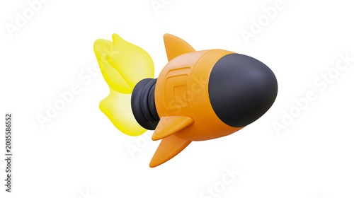 Orange rocket with black nose cone and yellow flame exhaust