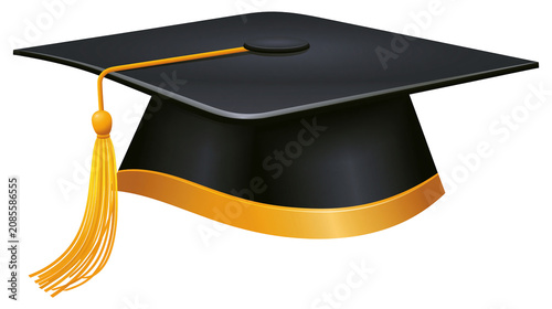 Black graduation cap with yellow tassel and gold band