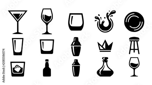 Fotografía Bar icons black solid vector set featuring glassware cocktail shaker splash bott