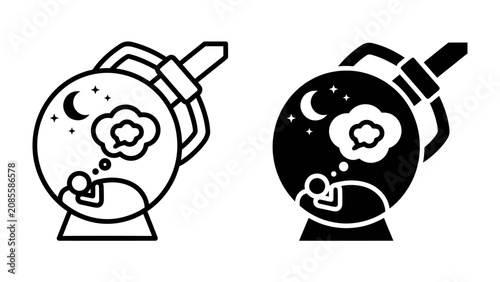 Foto Fortune Teller Crystal Ball: A crystal ball illustration shows a person gazing into the future, with celestial elements like stars and moon suggesting cosmic dreams and foresight