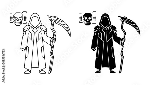 Photography The Grim Reaper's Vigil: Two stylized depictions of the Grim Reaper, one outlined and the other solid black, stand holding their scythes, accompanied by skull motifs